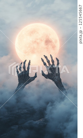 Two skeleton hands emerge from the fog, reaching towards a large, glowing full moon in a dark and atmospheric landscape, creating a spooky and surreal scene 125545667