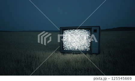 Old analog television sits in a desolate field at night, displaying static noise on its screen, creating a haunting and surreal atmosphere 125545669