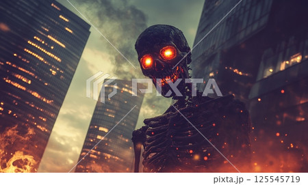 Post apocalyptic scene depicting a burning skeleton with glowing eyes rising amidst a destroyed city, suggesting themes of death, decay, and the aftermath of a catastrophic event 125545719