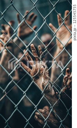 Dirty hands of undead creatures reaching out from behind a metal fence, depicting a post apocalyptic survival scenario filled with horror and decay 125545755