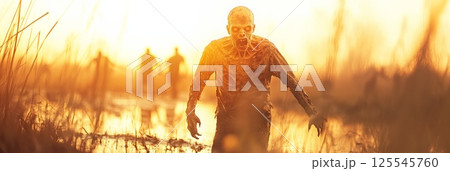 Swamp monster emerges from murky water at sunset, during a zombie apocalypse, while other zombies walk in the background, creating a terrifying post apocalyptic scene 125545760