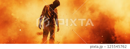 Post apocalyptic scene featuring a terrifying zombie wandering through a fiery orange desert, surrounded by a dramatic, cloudy sky that enhances the eerie atmosphere of horror and danger 125545762