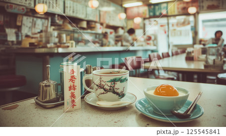 ヴィンテージカップと照明に囲まれたカフェの朝、レトロダイナーの空気を感じる喫茶店 ヴィンテージカップと照明に囲まれたカフェの朝、レトロダイナーの空気を感じる喫茶店 125545841