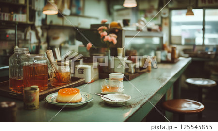 朝の光に照らされたカフェの一角、昭和の温かさが感じられるレトロモダンな空間のイメージ 朝の光に照らされたカフェの一角、昭和の温かさが感じられるレトロモダンな空間のイメージ 125545855