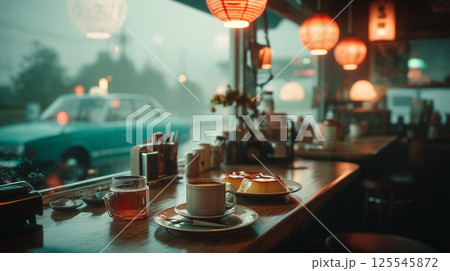 日本の古き良きカフェ文化を感じるレトロな朝食シーン、ヴィンテージ風インテリア 日本の古き良きカフェ文化を感じるレトロな朝食シーン、ヴィンテージ風インテリア 125545872
