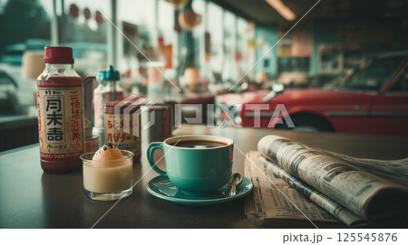 レトロなラジオとカップが並ぶ喫茶店の窓際、昭和感を感じる懐かしさ レトロなラジオとカップが並ぶ喫茶店の窓際、昭和感を感じる懐かしさ 125545876