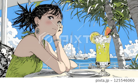 沖縄の海辺のリゾートホテルでリゾッチャしている若い女性