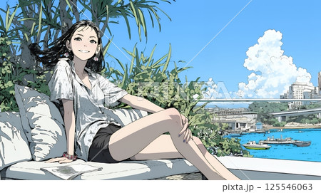 沖縄の海辺のリゾートホテルでリゾッチャしている若い女性