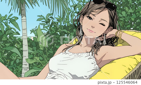 沖縄の海辺のリゾートホテルでリゾッチャしている若い女性