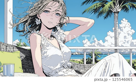 沖縄の海辺のリゾートホテルでリゾッチャしている若い女性