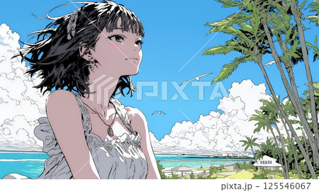 沖縄の海辺のリゾートホテルでリゾッチャしている若い女性