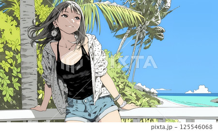 沖縄の海辺のリゾートホテルでリゾッチャしている若い女性