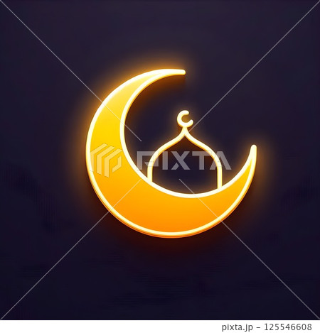A glowing golden crescent moon with a mosque silhouette inside, symbolizing Islamic culture and Ramadan. The neon-style design is set against a dark background for contrast. A glowing golden crescent moon with a mosque silhouette inside, symbolizing Islamic culture and Ramadan. The neon-style design is set against a dark background for contrast. 125546608