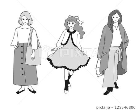 人物イラストセット：おしゃれな女性の全身ポーズ 125546806