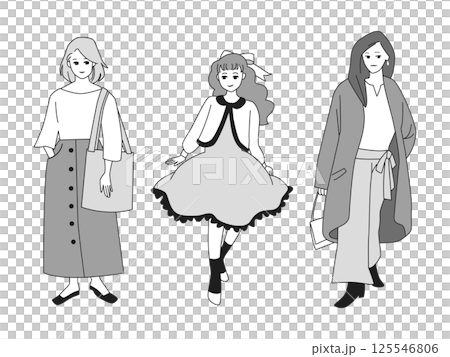 人物イラストセット：おしゃれな女性の全身ポーズ 125546806