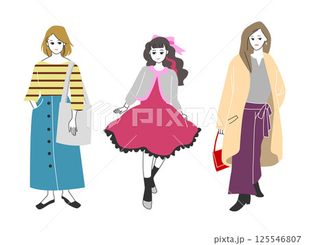 人物イラストセット：おしゃれな女性の全身ポーズ 125546807