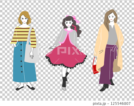 人物イラストセット：おしゃれな女性の全身ポーズ 125546807