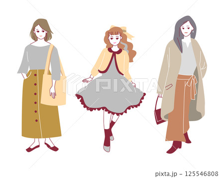 人物イラストセット：おしゃれな女性の全身ポーズ 125546808