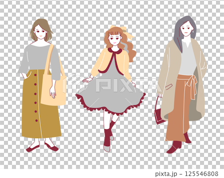 人物イラストセット：おしゃれな女性の全身ポーズ 125546808