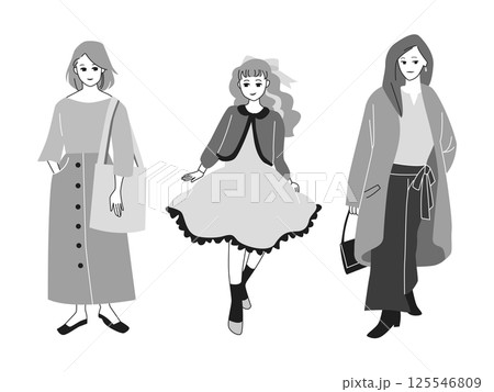 人物イラストセット：おしゃれな女性の全身ポーズ 125546809