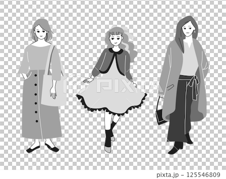 人物イラストセット：おしゃれな女性の全身ポーズ 125546809
