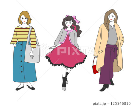 人物イラストセット：おしゃれな女性の全身ポーズ 125546810