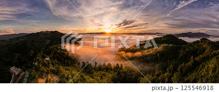 High angle view drone view of fog in rainy season over mountains,Beautiful sunrise sky clouds nature background 125546918