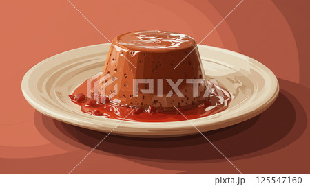 スイーツの魅力が伝わるプリンイラストカフェ風食器と赤系アクセント構成素材 スイーツの魅力が伝わるプリンイラストカフェ風食器と赤系アクセント構成素材 125547160