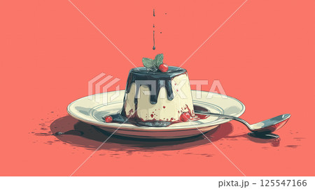朝のカフェ時間を思わせる落ち着いた色味と甘いデザートが調和したイラスト背景付き 125547166