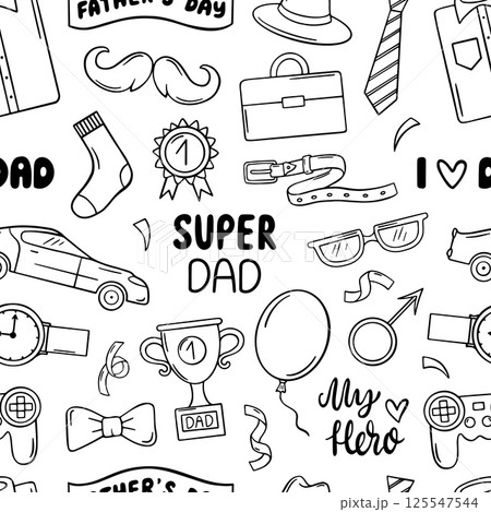 Doodle fathers day pattern. Male accessories and items, sketch car medal trophy ribbons and tie. Monochrome print design, neoteric vector background 125547544