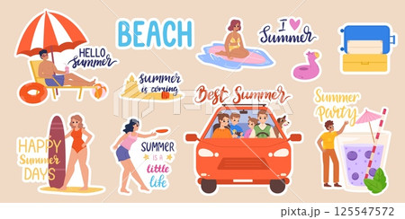 Summer stickers pack. Car travel, beach party, surfing girls. Family adventures, positive seasonal vibes. Lettering phrases and cartoon elements, vector set 125547572