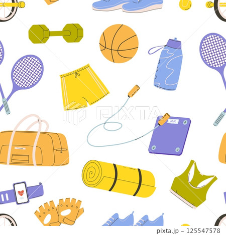 Sport equipment, tools and clothes seamless pattern. Workout elements, dumbbell, ball, training boots and shirt, yoga mat, vector background Sport equipment, tools and clothes seamless pattern. Workout elements, dumbbell, ball, training boots and shirt, yoga mat, vector background 125547578