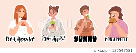 People eating and drinking. Funny food partners stickers design. Bon appetit and yummy lettering phrases. Stylish young adults characters, vector set People eating and drinking. Funny food partners stickers design. Bon appetit and yummy lettering phrases. Stylish young adults characters, vector set 125547581