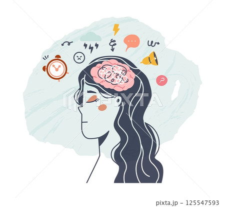 Overthinking girl. Tired female abstract face with confused thoughts. Overworking, sad woman, chaos in mind and negative, vector psychological concept Overthinking girl. Tired female abstract face with confused thoughts. Overworking, sad woman, chaos in mind and negative, vector psychological concept 125547593