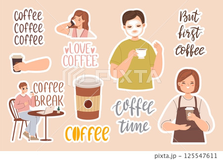 Coffee stickers design. Morning drink lettering, happy barista with take away mud. Man on break with beverage, boy with face mask and coffee cup, vector template Coffee stickers design. Morning drink lettering, happy barista with take away mud. Man on break with beverage, boy with face mask and coffee cup, vector template 125547611