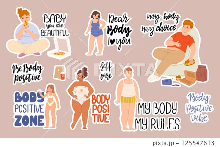 Body positive stickers pack with oversized characters. Men women eating and drinking. Pretty plump female in swimsuit. Lettering phrases, vector clipart Body positive stickers pack with oversized characters. Men women eating and drinking. Pretty plump female in swimsuit. Lettering phrases, vector clipart 125547613