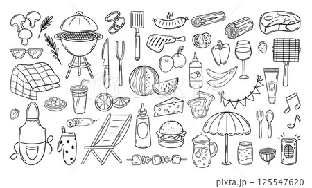 Bbq party doodle. Barbeque elements, meat steak, grill, plaid, burger, garden chair. Outdoor park picnic elements, isolated food and drinks, neoteric vector set Bbq party doodle. Barbeque elements, meat steak, grill, plaid, burger, garden chair. Outdoor park picnic elements, isolated food and drinks, neoteric vector set 125547620