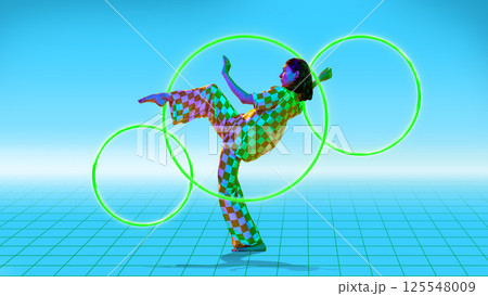 Woman in checkered outfit performing, dancing inside neon green rings on digital grid floor. Contemporary art collage. Woman in checkered outfit performing, dancing inside neon green rings on digital grid floor. Contemporary art collage. 125548009