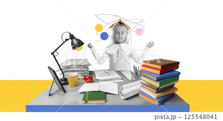 Little girl balancing book on head, meditating next to desk full of books and papers. Early education, elementary school learning. 125548041