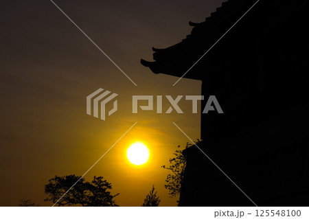 周匝茶臼山城と夕日 125548100