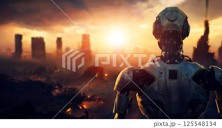 Back View of a Humanoid Robot while Looking at Ruined City - Generative Ai 125548134