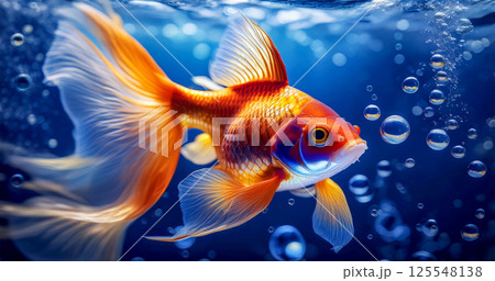 Beautiful Goldfish in the Depths of the Blue Sea with Bubbles - Generative Ai Beautiful Goldfish in the Depths of the Blue Sea with Bubbles - Generative Ai 125548138