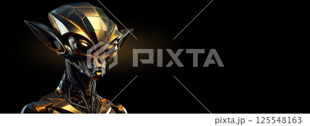 Black and Gold Alien Robot Isolated on Black Background - Generative Ai 125548163