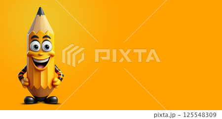 Cartoon Character of a Smiling Pencil on Yellow-Orange Background - Generative Ai 125548309