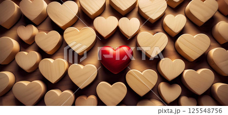 Close-up of a Red Wooden Heart Among Many Brown Hearts - Generative Ai 125548756