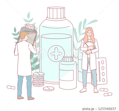 Illustration showcasing Healthcare Professionals engaged with Medicine and various Supplements 125548837