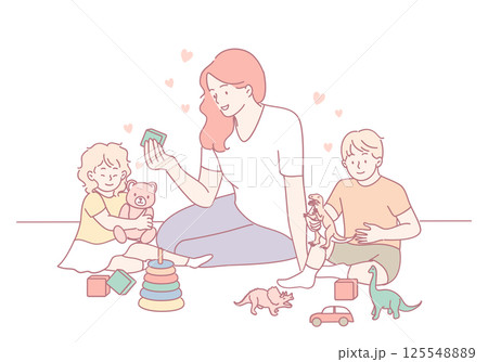 Playful Moments A Loving Mother and Her Children Engaging in Various Fun Activities Together 125548889