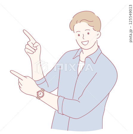 A Cheerful Young Man Enthusiastically Pointing in Two Different Directions with Joy 125549013