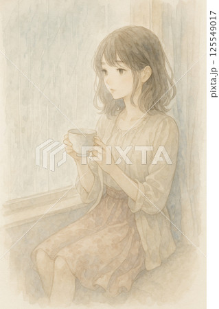 部屋の窓際に座り、雨音を聞きながらティーカップを持っています。 125549017