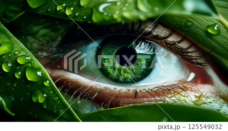 Closeup of a Beautiful Green Eye Looking Through Green Dew-wet Leaves - Generative Ai Closeup of a Beautiful Green Eye Looking Through Green Dew-wet Leaves - Generative Ai 125549032
